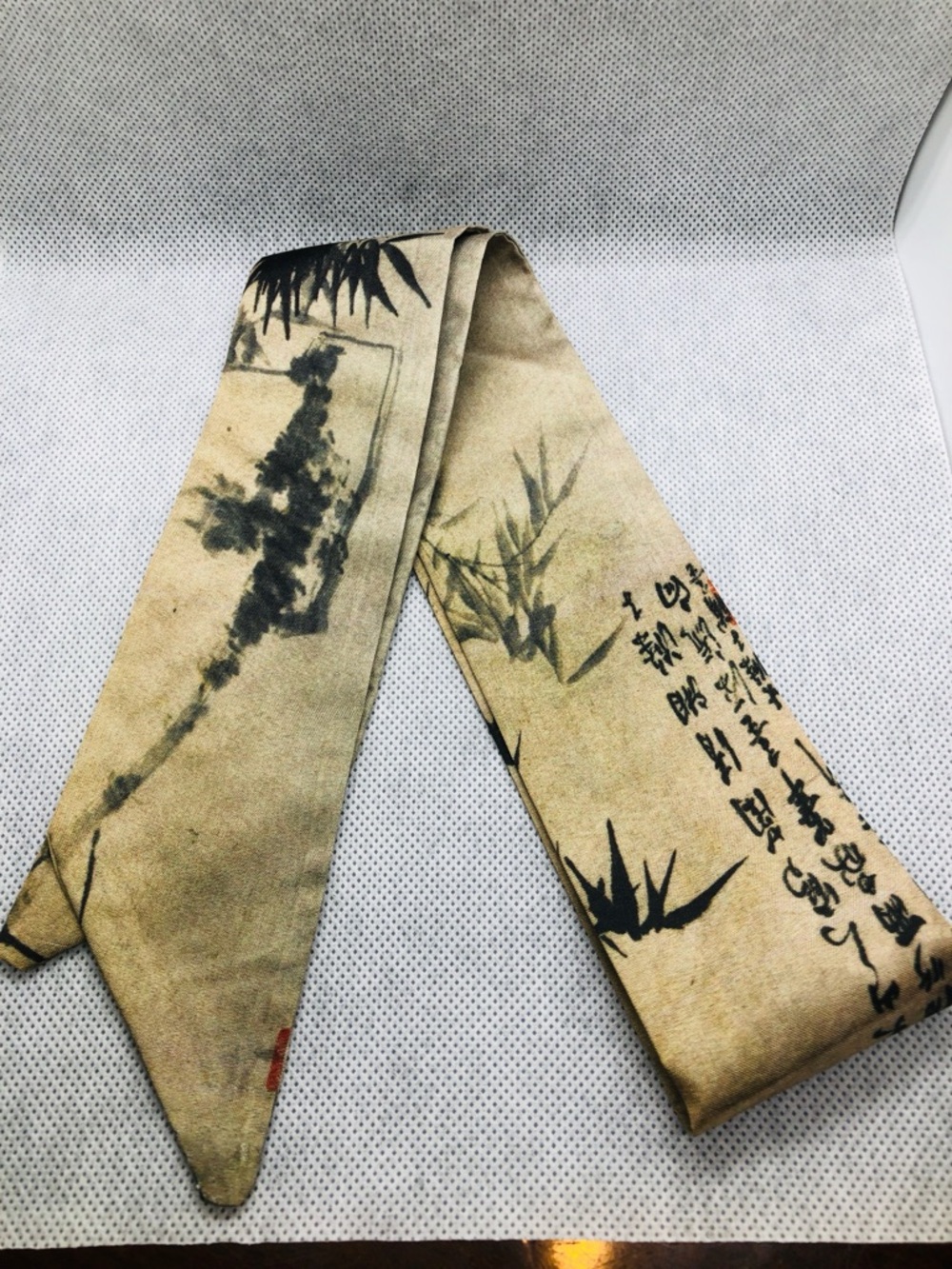 Asian Calligraphy & Bamboo Print Scarf Tie - Beige and Black